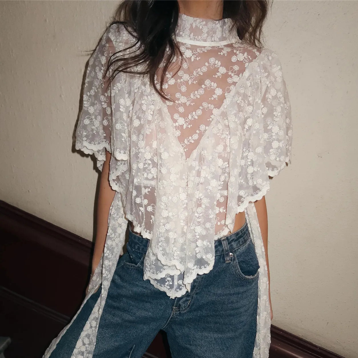 VacationGrabs Y2K Fairy Mesh See Through Casual High Neck Looseshawls Women Floral Lace Embroidery Shawl Tops Asymmetrical Streetwear