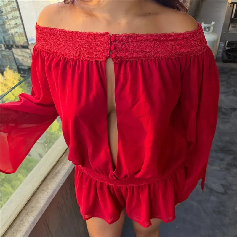 VacationGrabs Women's Off Shoulder Chiffon Romper Long Sleeve Keyhole Lace Trim Ruffle Hem Jumpsuit Casual Summer Playsuit Streetwear