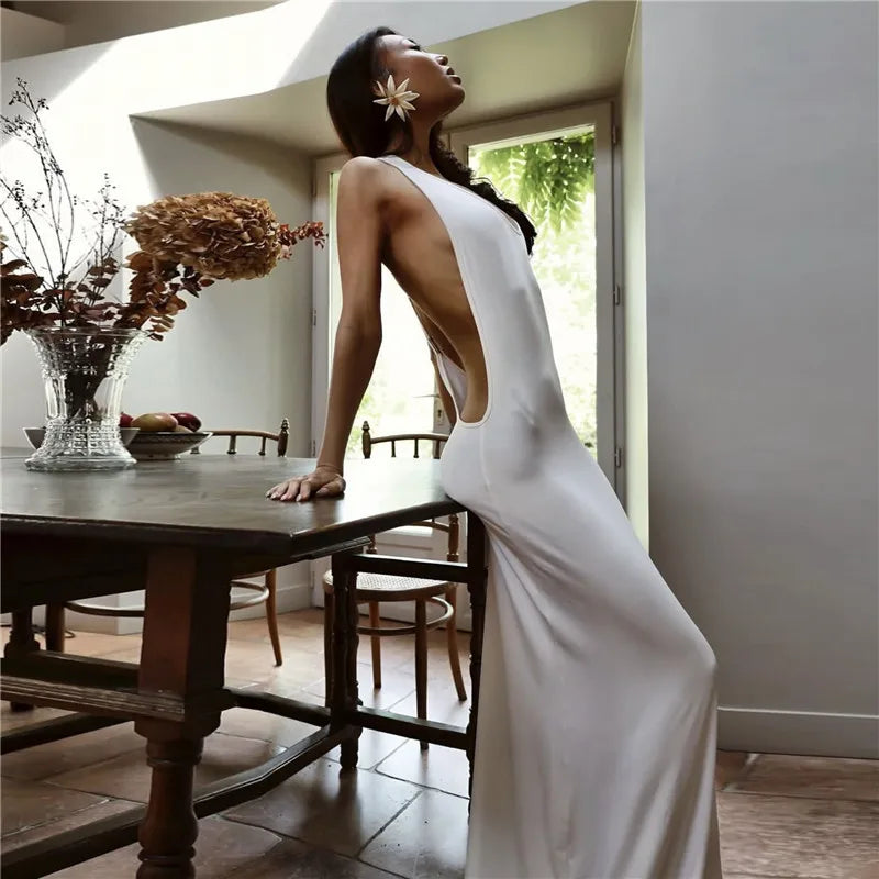 VacationGrabs Women Halter Neck Backless Maxi Dress Side Cutout Sleeveless Bodycon Long Dress Metal Buckle Detail Evening Party Gown