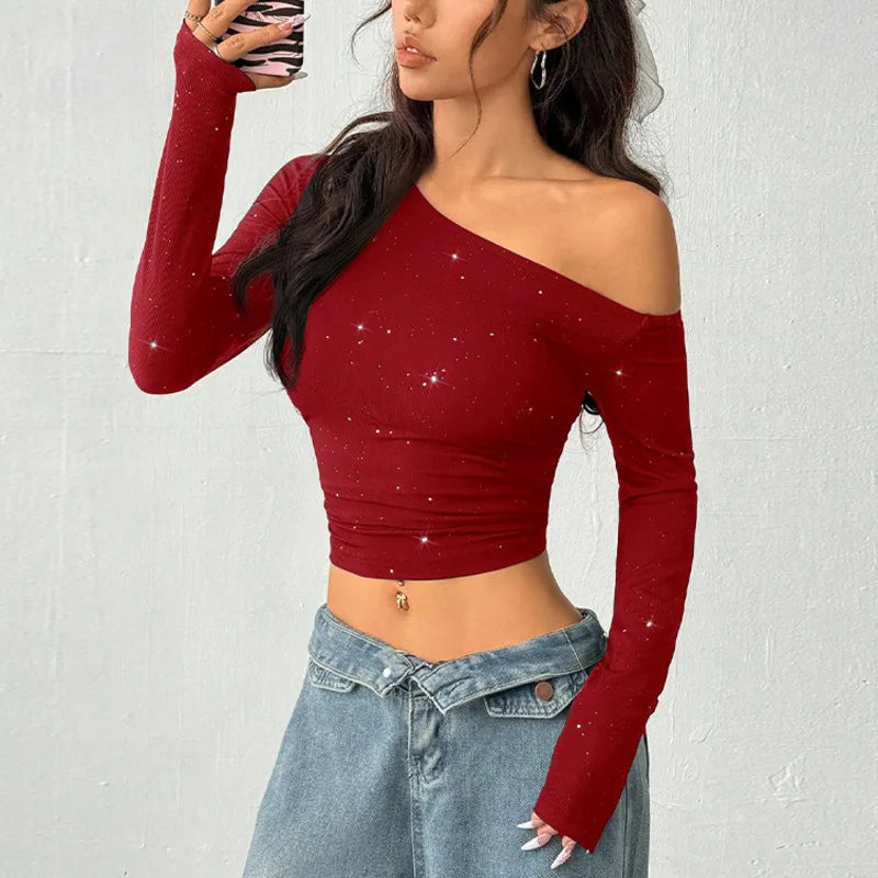 Women's Asymmetric Off-Shoulder Long Sleeve Studded Top