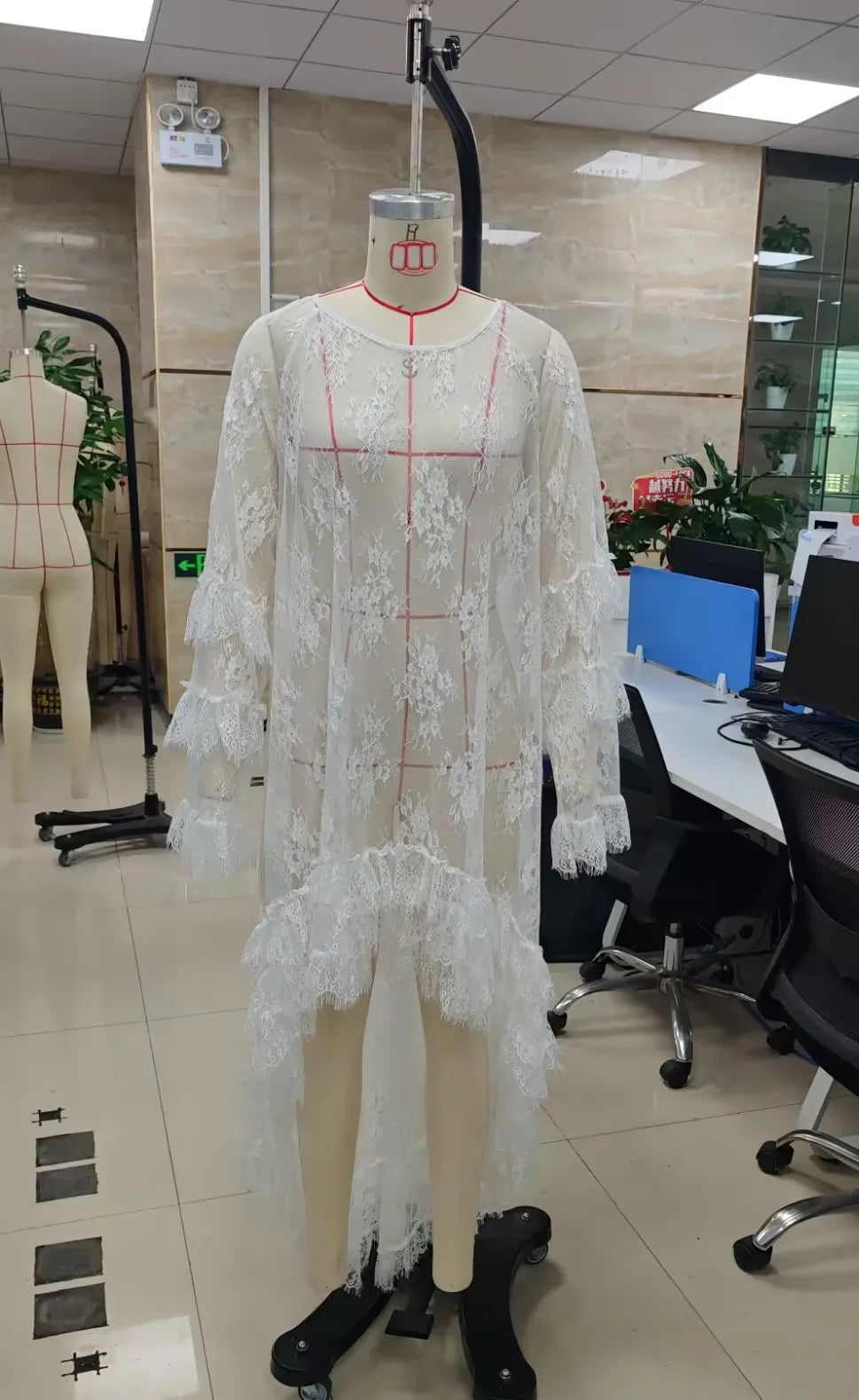 Women Boho Lace Maxi Dress Long Sleeve Ruffle Asymmetrical Hem Sheer Mesh Floral Lace Beach Wedding Guest Vacation Party Dress
