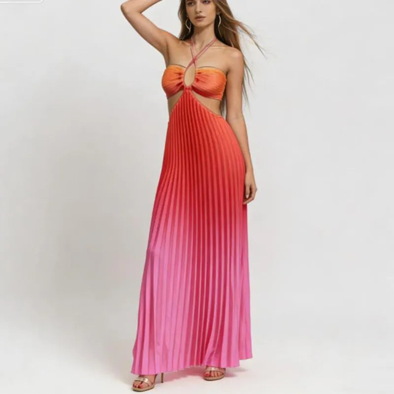 Women's Gradient Color Pleated Maxi Dress Summer Halter Neck Cut Out Sleeveless Backless Flowy Beach Vacation Party Dress