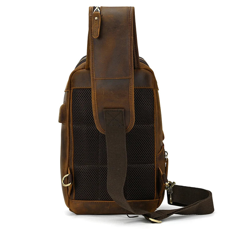 Leather Chest Bag Usb Charging Port  Men's Cross Body Bag Genuine Leather Chest Pack Single Shoulder Bag For Man Male Vintage