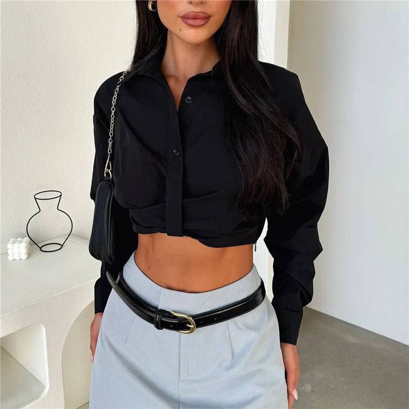 VacationGrabs Women’s Cropped Button Down Shirts Fashion Lapel V-Neck Long Sleeve Solid Color Tops Spring Fall Blouse Streetwear