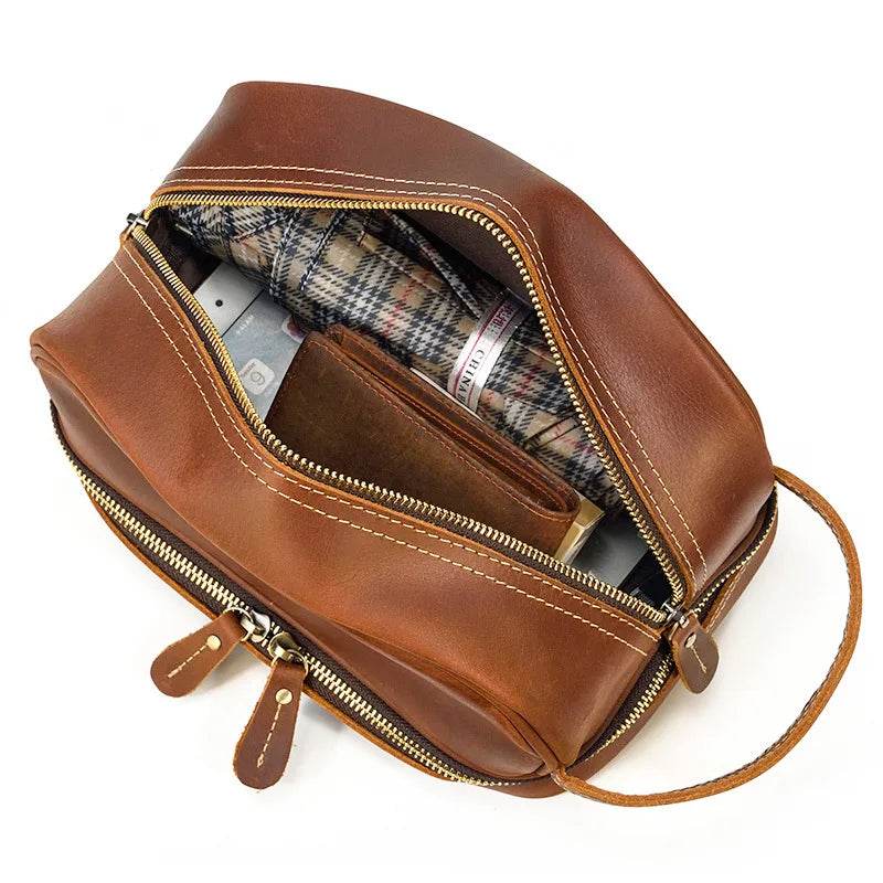 Crazy Horse Genuine Leather Small Travel Toiletry Bag - VacationGrabs