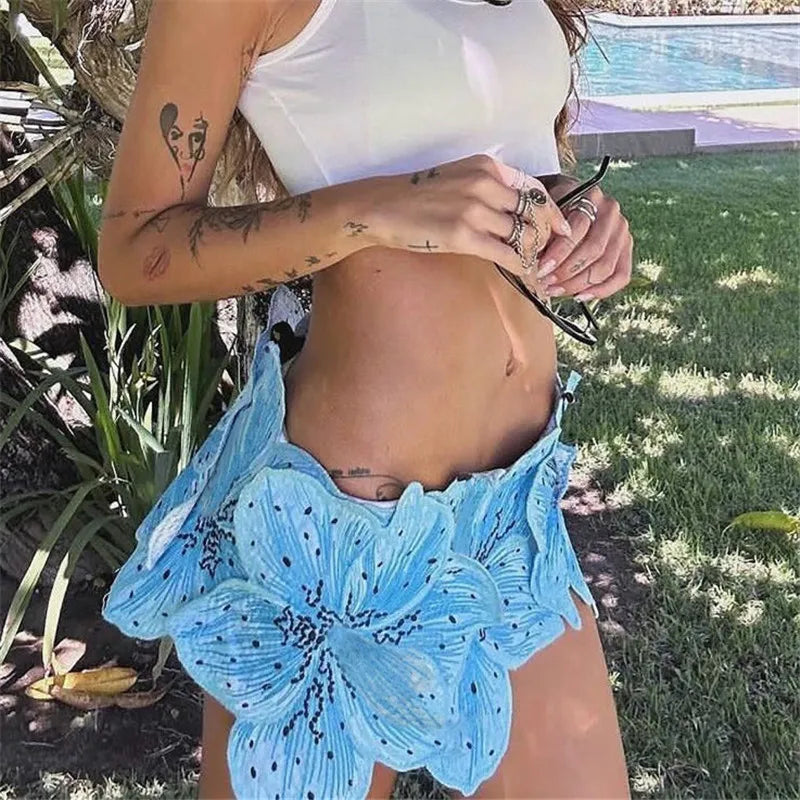 VacationGrabs Y2K Style 3D Flower Low Waist Mini Skirt Handmade Embroidery Beachwear for Women Summer Vacation Streetwear