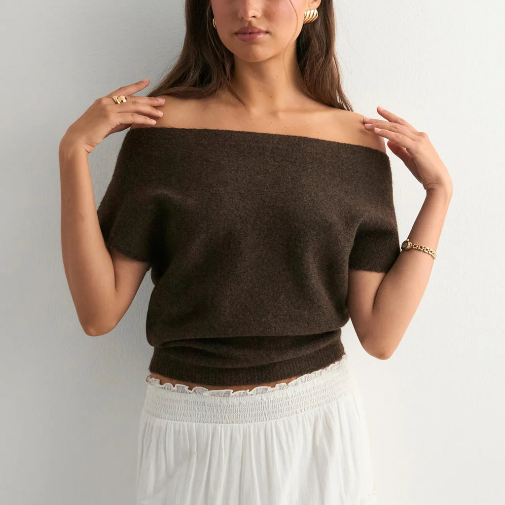 VacationGrabs Off Shoulder Short Sleeve Knit T-Shirt Women Casual Loose Elegant Female Solid Sexy Knit Pullover Top Tees Outerwear