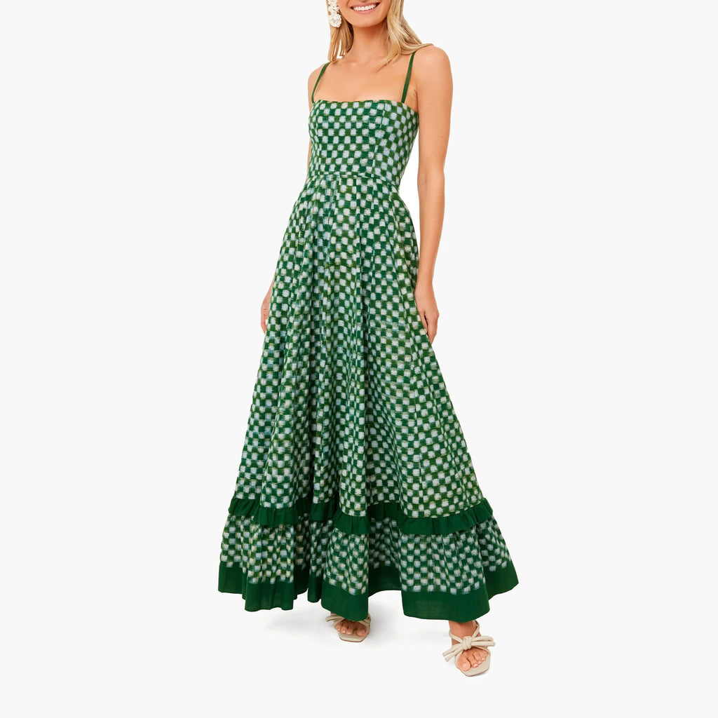Summer Women's Long Beach Dress Sleeveless Spaghetti Strap Checkerboard Print Flowy Dress Midi Slip Dress for Holiday Beach