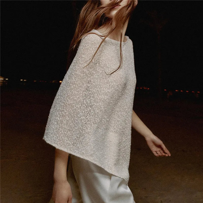 VacationGrabs Women Hollow Out Knit Poncho Cape Boat Neck Loose Irregular Hem Sheer Mesh Knitted Shawl Wrap Metallic Thread Cover Up