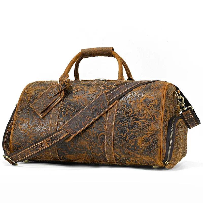 Genuine Cowhide Leather Travel Duffle Bag Men’s Weekend Bag Shoe Pocket - VacationGrabs