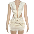VacationGrabs Women Backless Deep V Twist Knot Bodycon Mini Dress Sleeveless Ruched Waist Cutout Slim Party Vacation Tight Dress