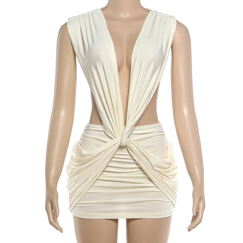 VacationGrabs Women Backless Deep V Twist Knot Bodycon Mini Dress Sleeveless Ruched Waist Cutout Slim Party Vacation Tight Dress