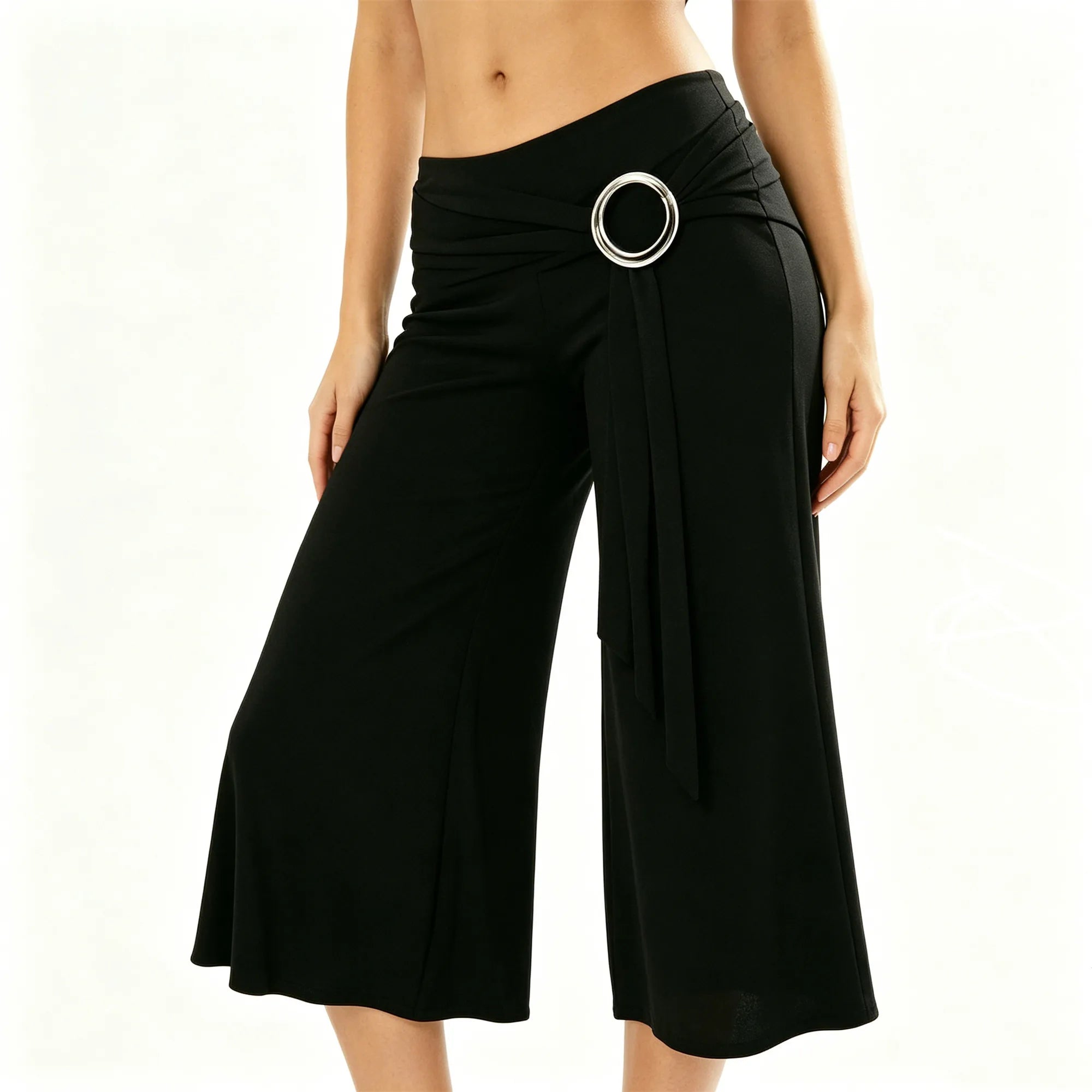 Women Metal Ring Twist Wrap Waist Capri Pants Low Rise Ruched Flared Cropped Wide Leg Trousers Stretch Summer Casual Bottoms