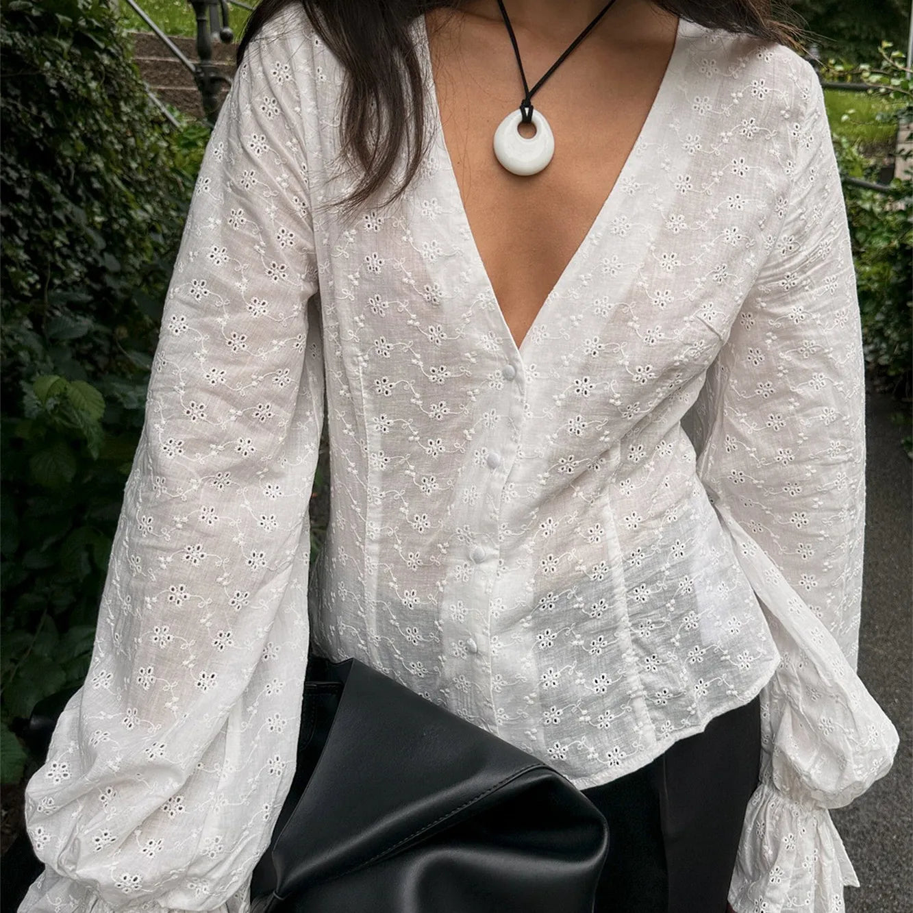 VacationGrabs Women's Fall Button Up Blouse Casual Loose Fit Stylish Embroidered Solid Color Eyelet V Neck Long Sleeve Tops