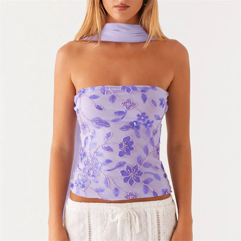VacationGrabs Women Y2K Sequin Tube Top with Scarf Sexy Backless Pearl Embellished Beaded Cami Bling Glitter Rhinestone Camisole