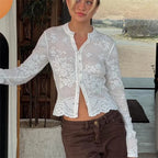 VacationGrabs Hollow Floral Lace Women Cropped Cardigan Stand Collar Long Sleeve Button Sheer See Through Cover Up Casual Beach Tops