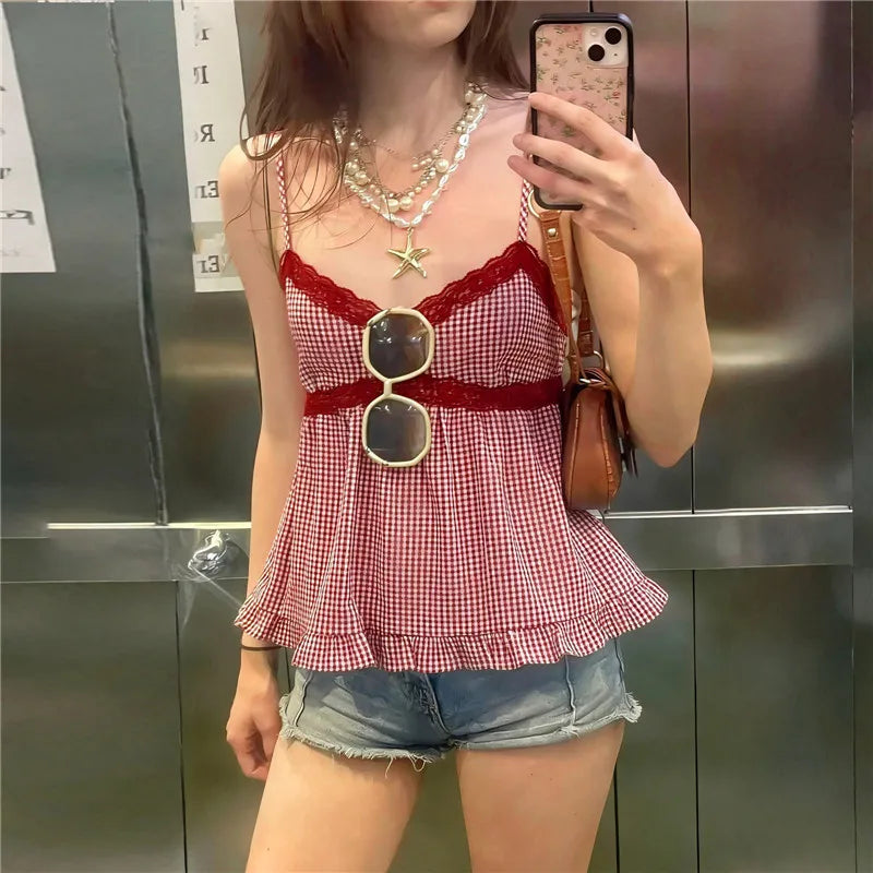 Coquette Retro Gingham Babydoll Cami Women Red Lace Trim V Neck Bow Ruffle Hem Back Elastic Smocked Plaid Sleeveless Tank Top