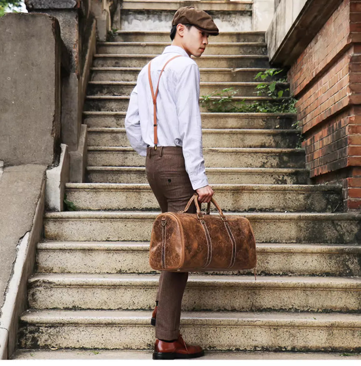 LUOKIR Vintage Embossed Leather Tote Bag Large Capacity Genuine Leather Short-Term Travel Bag for Clothing and Luggage Gym Bag