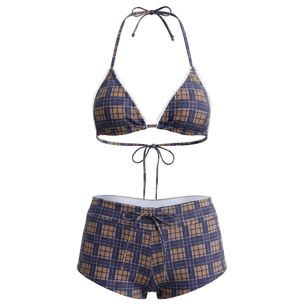 VacationGrabs Women's 2 Piece Bikini Set Fashion Plaid Print Sleeveless Halter Neck Triangle Tops and Low Waist Boyshorts Bathing Suit