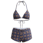 VacationGrabs Women's 2 Piece Bikini Set Fashion Plaid Print Sleeveless Halter Neck Triangle Tops and Low Waist Boyshorts Bathing Suit