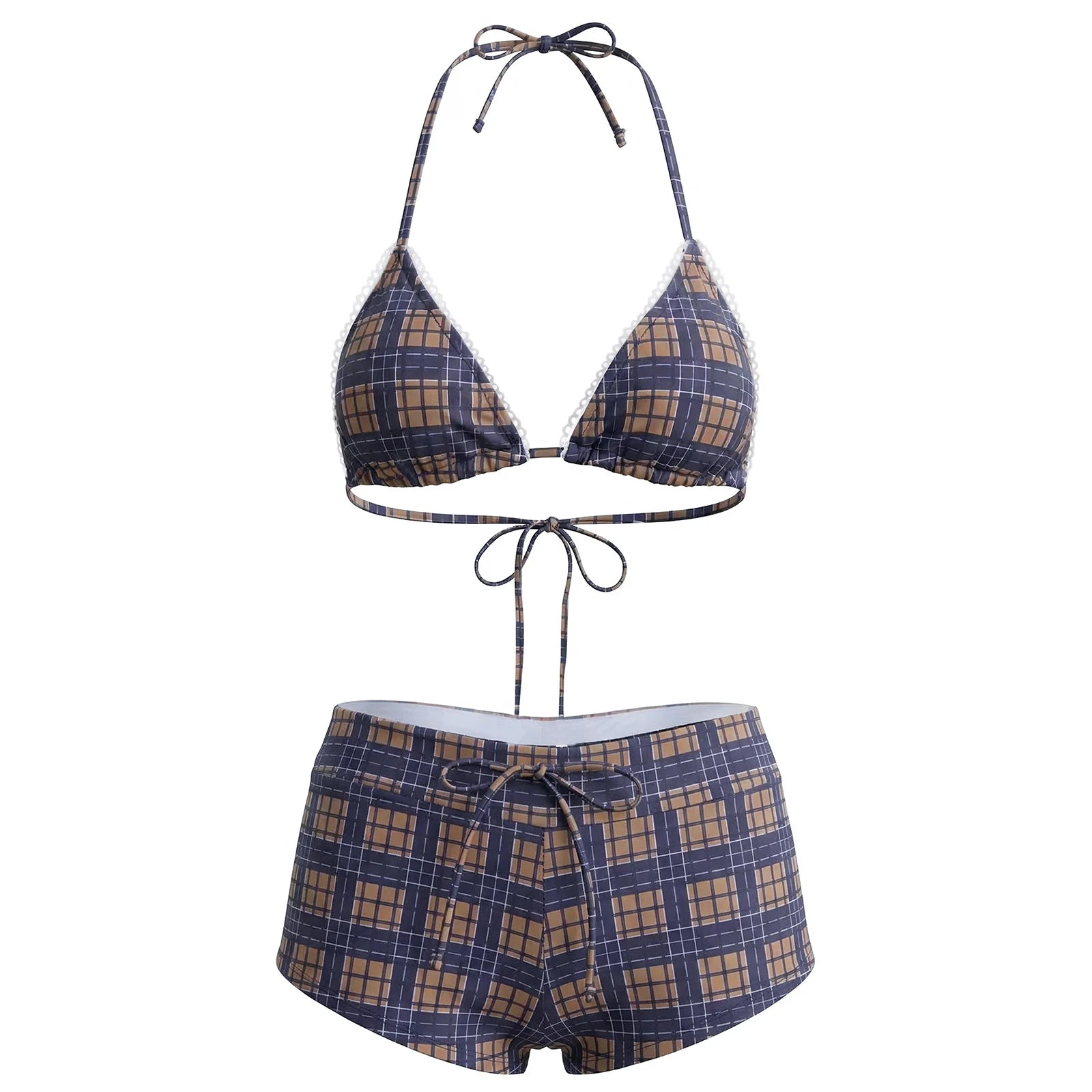 VacationGrabs Women's 2 Piece Bikini Set Fashion Plaid Print Sleeveless Halter Neck Triangle Tops and Low Waist Boyshorts Bathing Suit