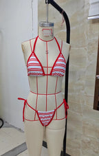 VacationGrabs Striped Triangle Bikini Set Halter Neck Tie Top Side Tie Thong Bottoms Backless Swimwear for Women Beachwear Bathing Sui