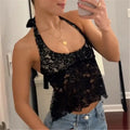 VacationGrabs Vintage Transparent Lace Tees Sexy Backless Bandage Halter Crop Tops Women Chic Patchwork Tees Ladies Summer Clubwear