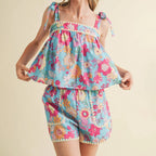 Women FLoral Tie Shoulder Pajamas Set 2 Piece Casual Outfits Sleeveless Tie up Flower Tops Shorts Cute Beach Set