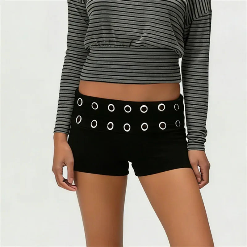Women Y2K Low Waist Mini Shorts with Metal Eyelet Detail Fold Over Waistband Stretchy Bodycon Shorts for Streetwear Nightclub