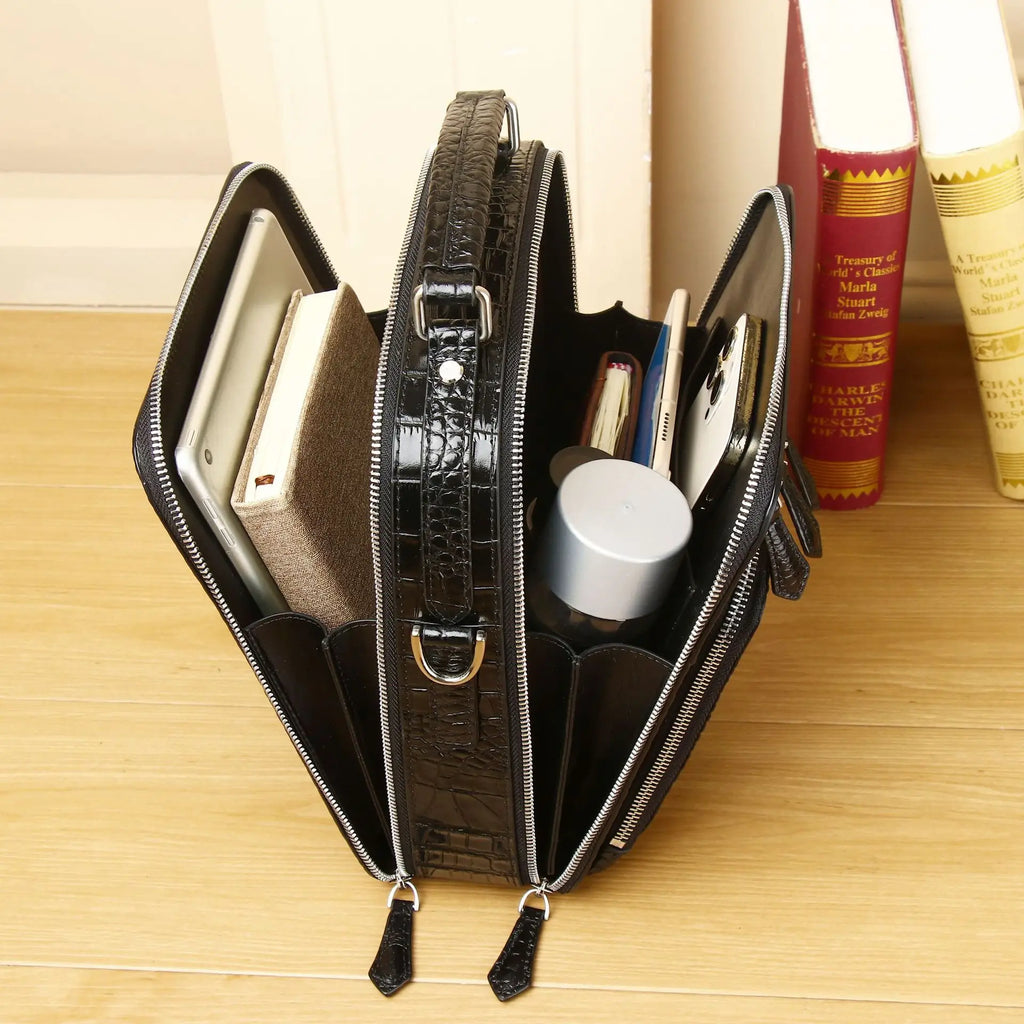 Men's Genuine Leather Alligator-Pattern Shoulder Satchel – Vintage Bag with Tablet Pocket
