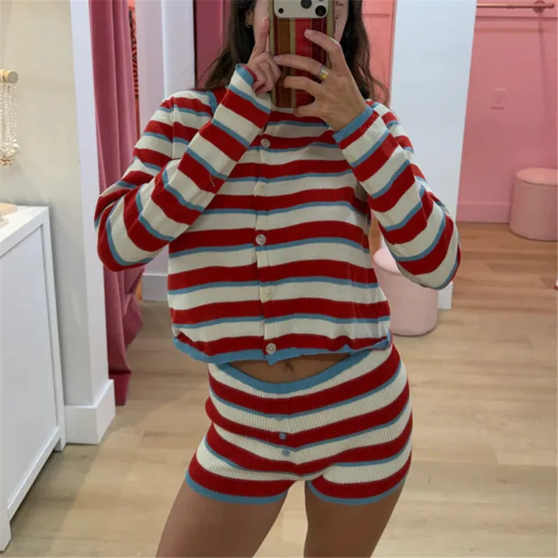 VacationGrabs Womens Striped Knit 2 Piece Outfit Turn Down Collar Button Long Sleeve Top Elastic Waist Shorts Y2K Casual Matching Set