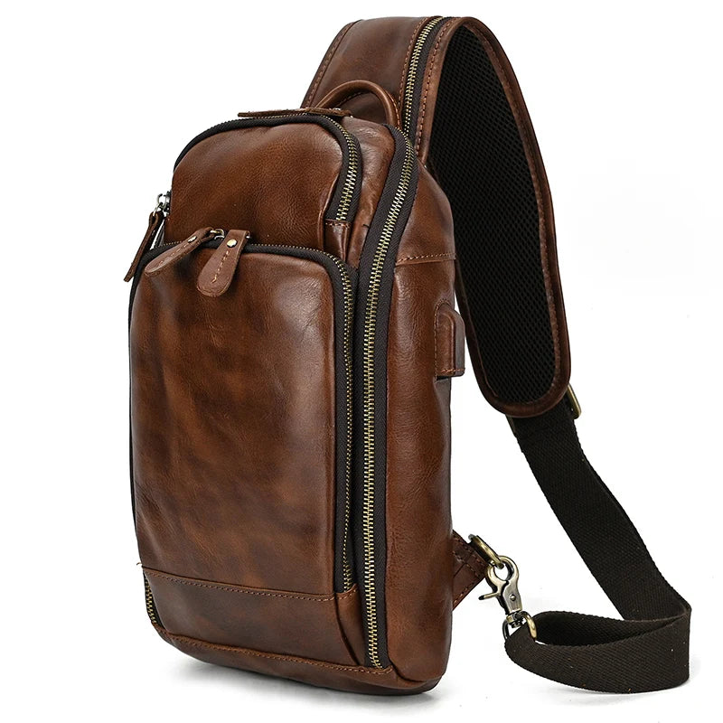 Leather Chest Bag Usb Charging Port  Men's Cross Body Bag Genuine Leather Chest Pack Single Shoulder Bag For Man Male Vintage
