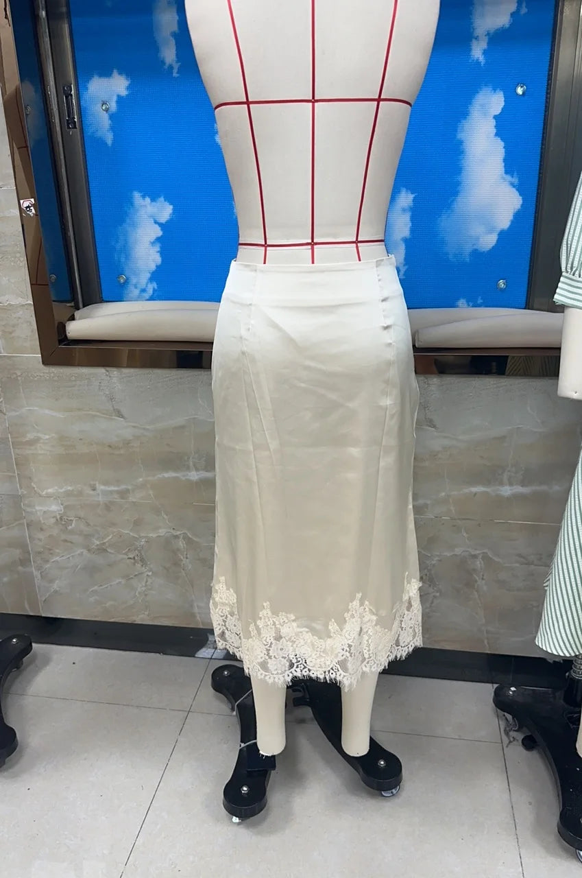 VacationGrabs Women Silk Satin Half Slip Long Skirts Lace Patchwork Elastic Waist Long Skirt Elegant Silky Flowy A Line Midi Skirts