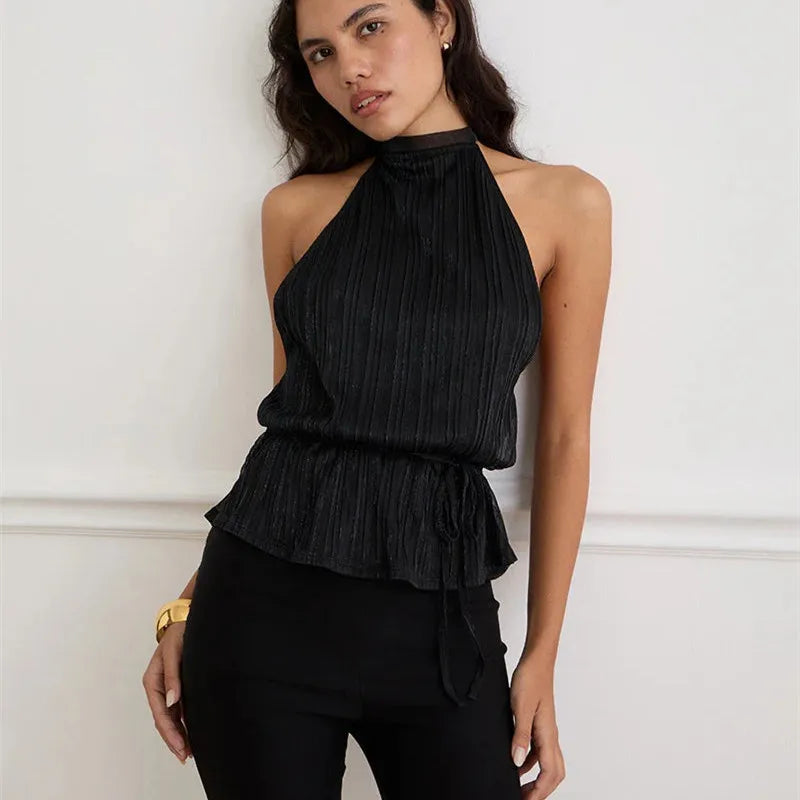 VacationGrabs Y2K Summer Backless Halter Neck Crop Tops Sleeveless Tie Up Open Back Shirts Vest Women's Chiffon Pleated Tank Top
