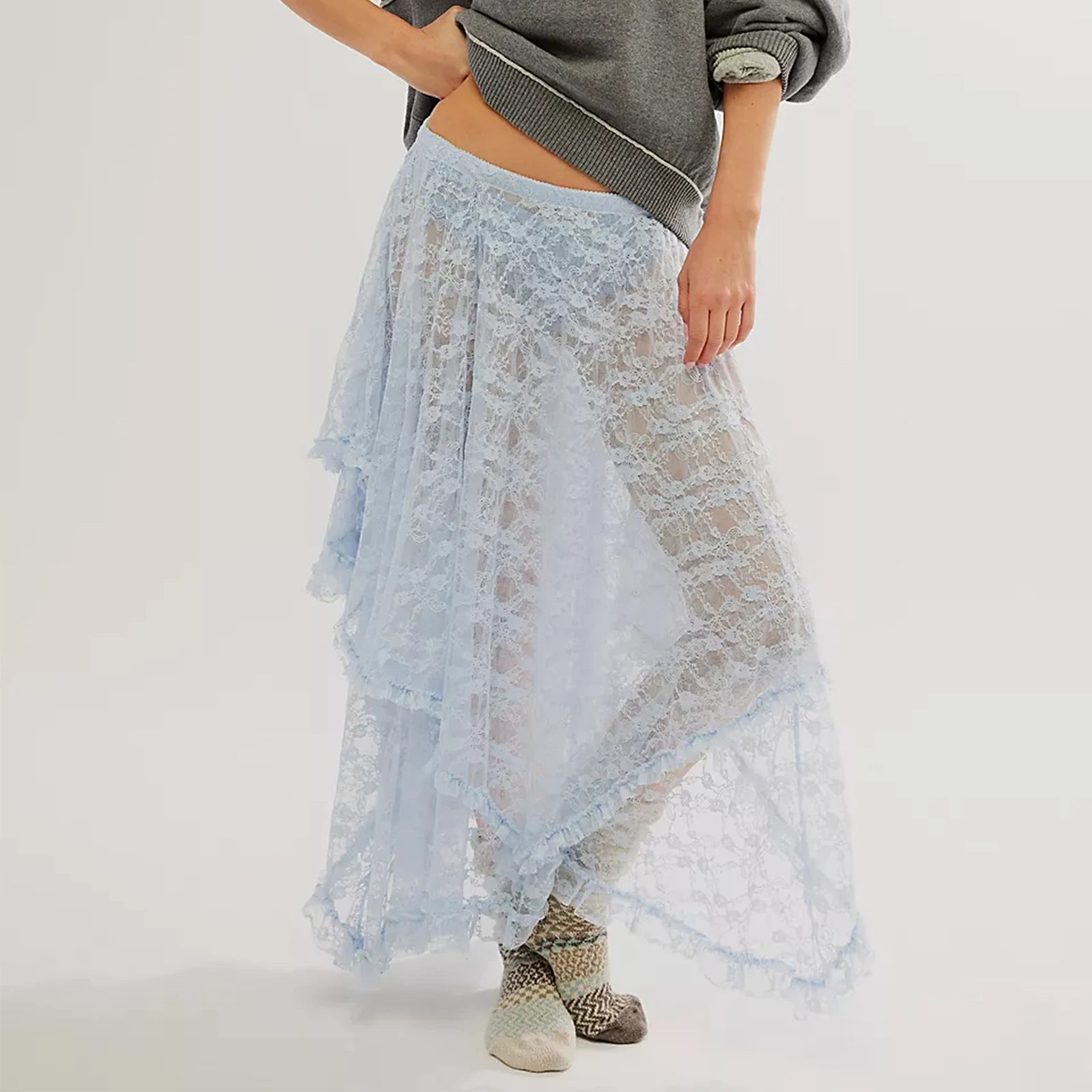 VacationGrabs Floral Lace Long Skirt for Women Y2K Elastic Waist Asymmetrical Layered Maxi Skirt Sexy See Through Flowy Beach Skirt