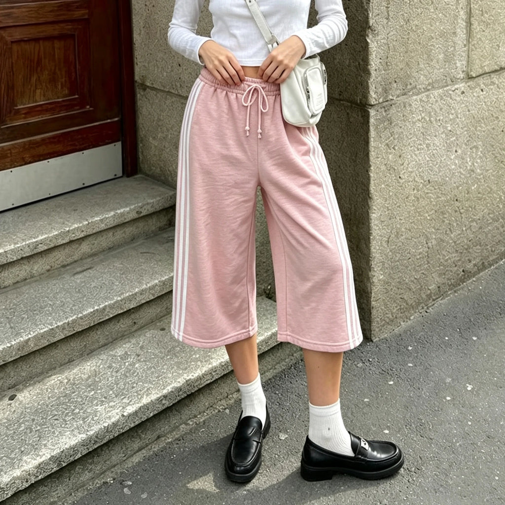 VacationGrabs Women Side Stripes Capri Sweatpants Drawstring Elastic Waist Loose Knee Length Casual Sports Cropped Jogger Pants