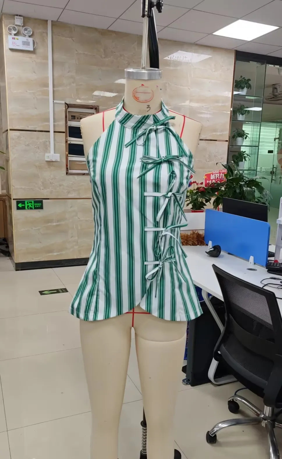 VacationGrabs Women's Oriental Striped Halter Neck Top Chinese Knot Button Side Asymmetric Hem Backless Summer Casual Blouse