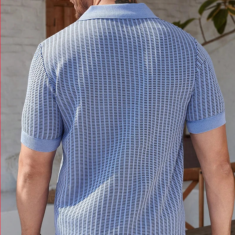 US Size New Mens Knit Shirts Men's Polo Shirts Short Sleeve Textured Cable Knit Shirts Casual Stretchy Golf Polo Old Money Tops