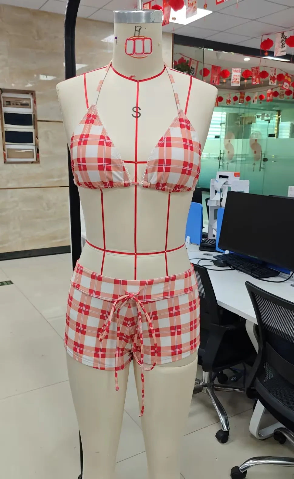 VacationGrabs Women's 2 Piece Bikini Set Fashion Plaid Print Sleeveless Halter Neck Triangle Tops and Low Waist Boyshorts Bathing Suit