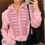 VacationGrabs Y2K Women Structured Shoulder Zip Hoodie 3D Rope Embroidery Braid Trim Jacket Street Fashion Casual Winter Hooded Coat