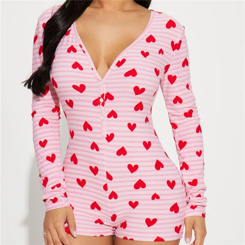 VacationGrabs Women Valentines Day Jumpsuit Pajama Romantic Heart Print Long Sleeve V Neck Button Front Shorts Romper Fitted Sleepwear