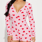VacationGrabs Women Valentines Day Jumpsuit Pajama Romantic Heart Print Long Sleeve V Neck Button Front Shorts Romper Fitted Sleepwear