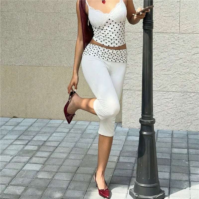Women Ruched Polka Dot Fold Over Waist Capri Leggings Side Split Slim Bodycon Cropped Pants Y2K Streetwear Tight Bottoms