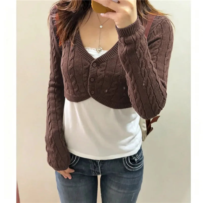VacationGrabs Women Y2K Cable Knit Cropped Bolero Cardigan V Neck Button Long Sleeve Super Short Knit Shrug Sweater Outerwear Tops