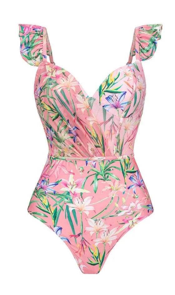 Vintage Floral One Piece Swimwear +Wrap - VacationGrabs