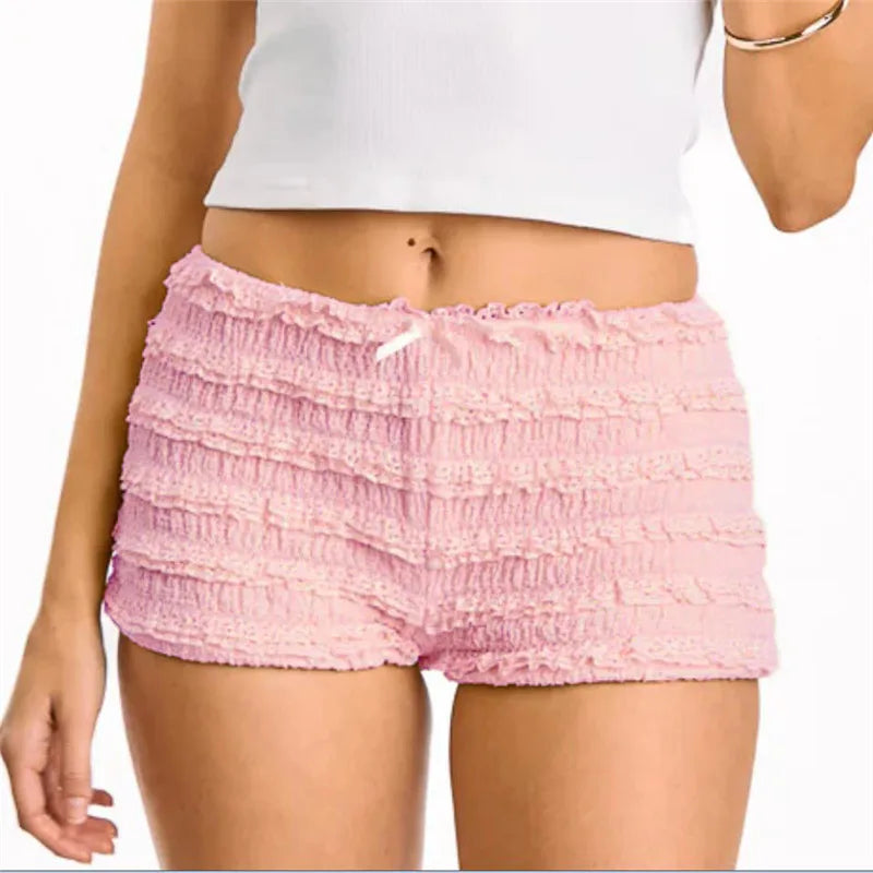 VacationGrabs Women Summer Y2K Lace Tiered Shorts Low Waist Bow Front Ruffle Hot Pants Casual Smocked Bodycon Mini Shorts