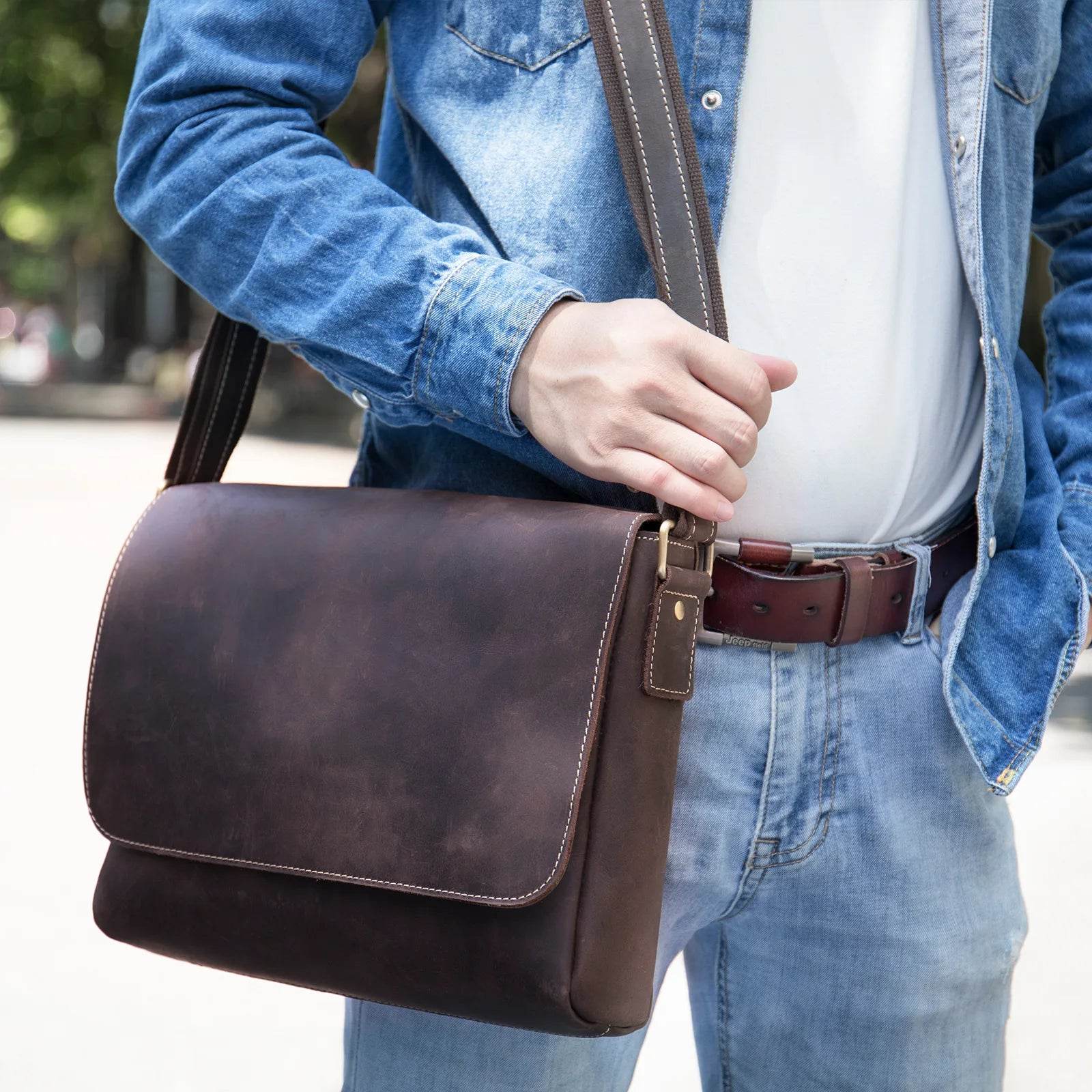 Vintage Crazy Horse Leather Men's Briefcase Laptop Messenger Bag - VacationGrabs