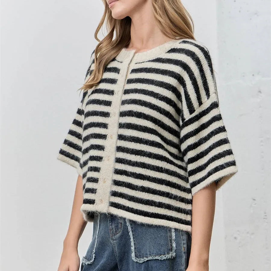 VacationGrabs Women Contrast Stripe Plush Mohair Knit Cardigan Round Neck Button Front Half Sleeve Loose Fit Cropped Knit Jacket Fall