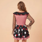 VacationGrabs Halloween Clown Cosplay Dress Women Mesh Long Sleeve Ruffle Neck Stripe Polka Dot A Line Short Dress Party  Club Costume