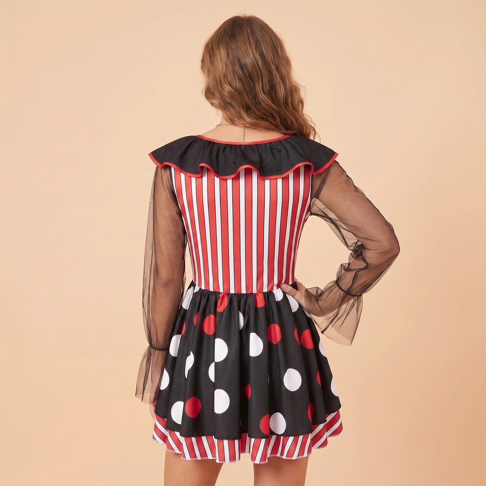 VacationGrabs Halloween Clown Cosplay Dress Women Mesh Long Sleeve Ruffle Neck Stripe Polka Dot A Line Short Dress Party  Club Costume